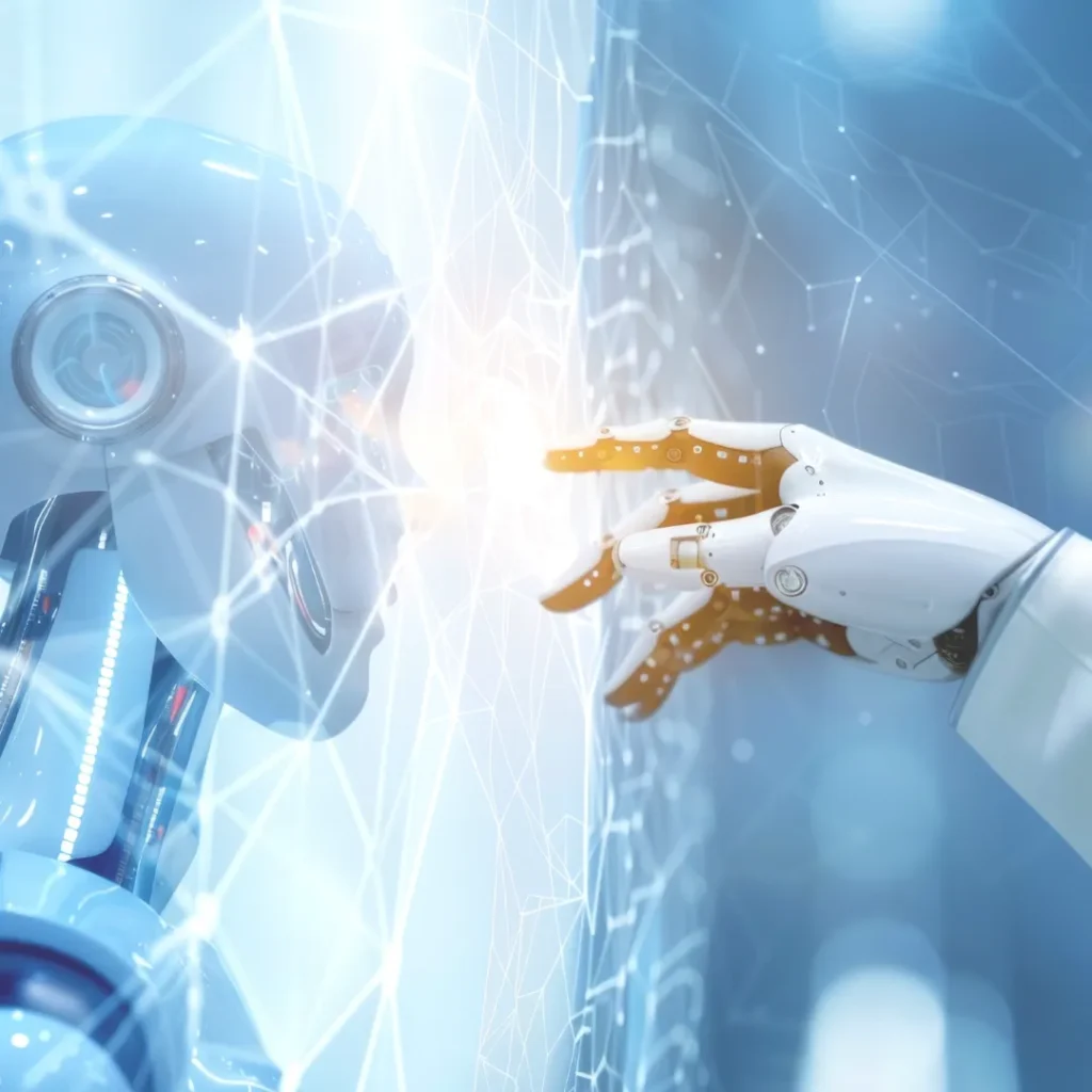 A futuristic robot reaching out to touch a digital energy grid, symbolizing the future integration of AI with subtle energy data from the human biofield.