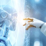 A futuristic robot reaching out to touch a digital energy grid, symbolizing the future integration of AI with subtle energy data from the human biofield.