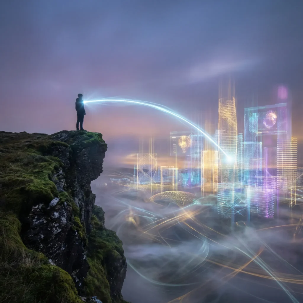 Artistic visualization of the "Future Pacing" technique, where a person projects their energetic intention setting signal into a new reality.