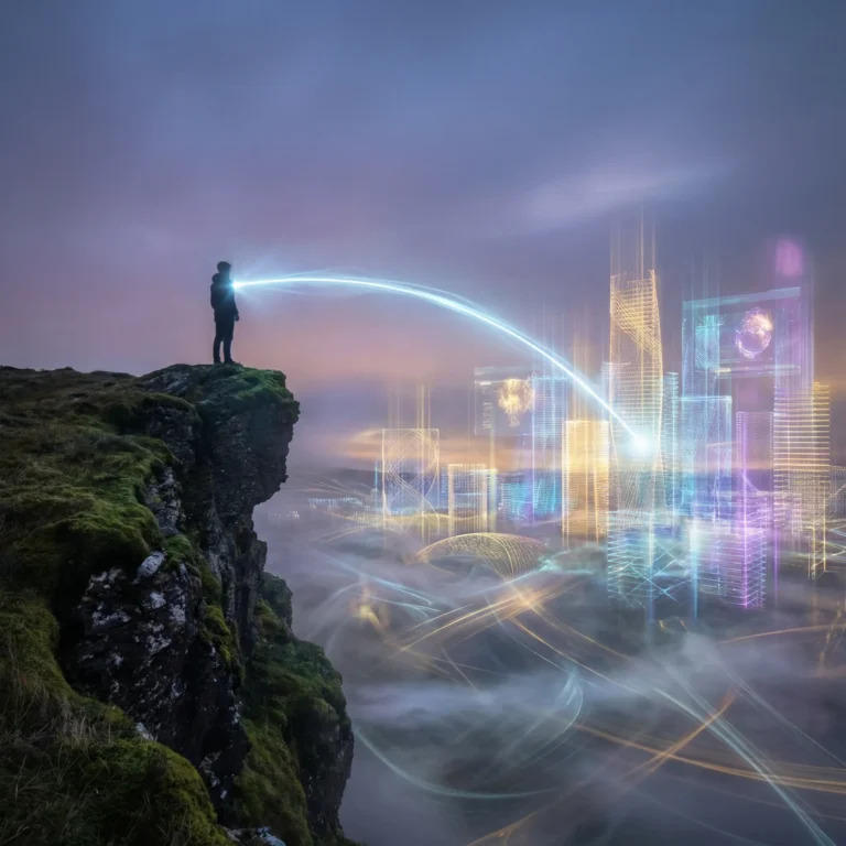 Artistic visualization of the "Future Pacing" technique, where a person projects their energetic intention setting signal into a new reality.