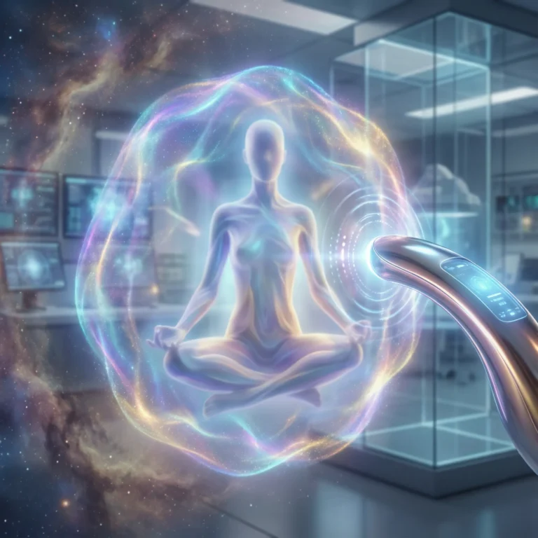 Futuristic device scanning the biofield of a meditating person, visualizing 2026 wellness trends for nervous system regulation.