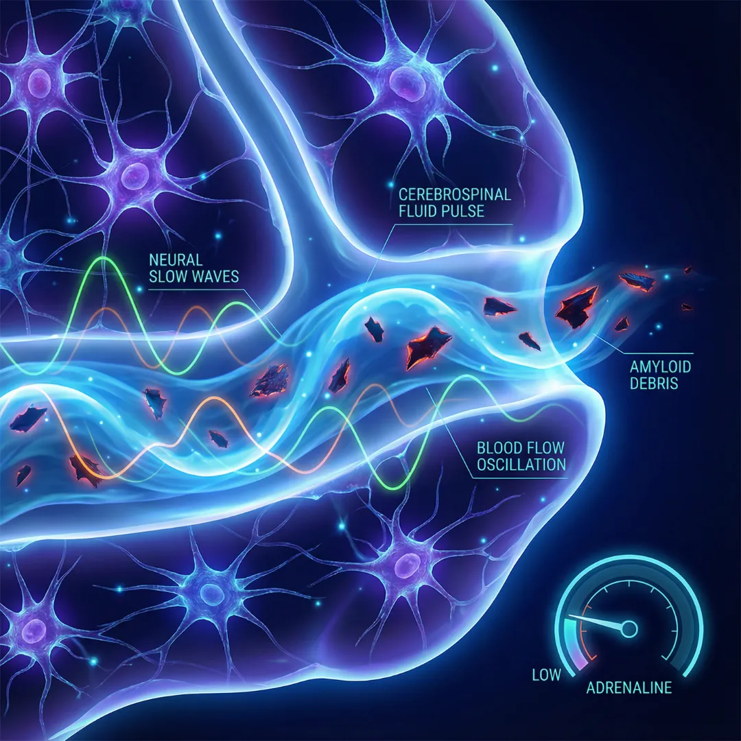 Scientific illustration showing coupled neural slow waves, blood flow oscillations, and cerebrospinal fluid (CSF) pulses clearing amyloid debris, modulated by low adrenaline levels.