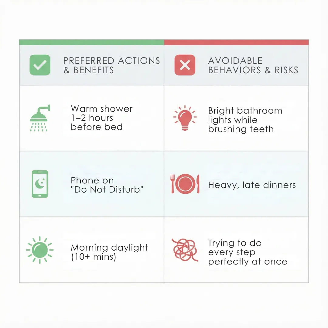Chart listing preferred actions for brain detox (warm shower, phone DND, morning light) versus behaviors to avoid (bright lights, heavy dinners, perfectionism).