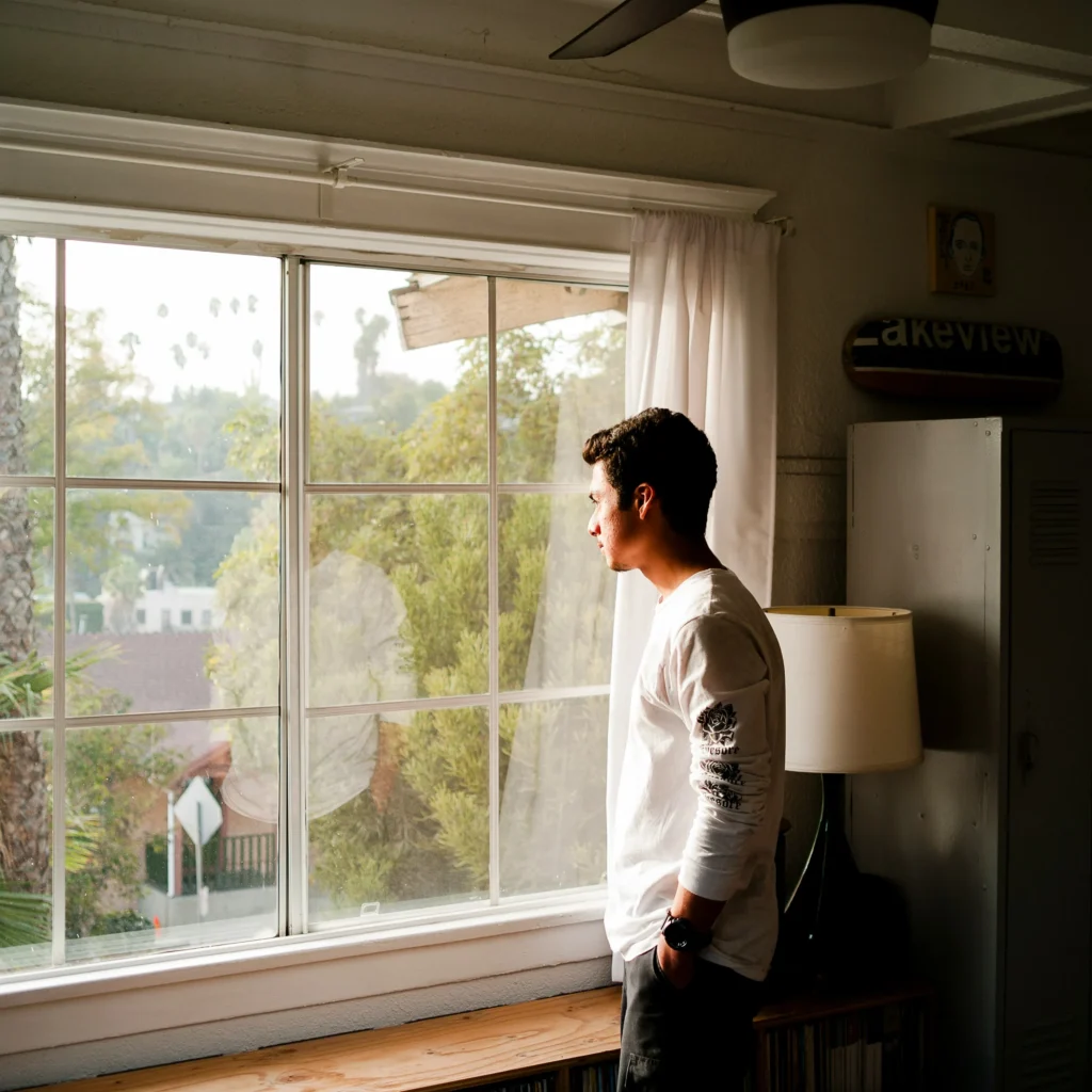 Man pausing by a window during a calm morning routine to reduce micro-stressors.
