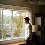 Man pausing by a window during a calm morning routine to reduce micro-stressors.