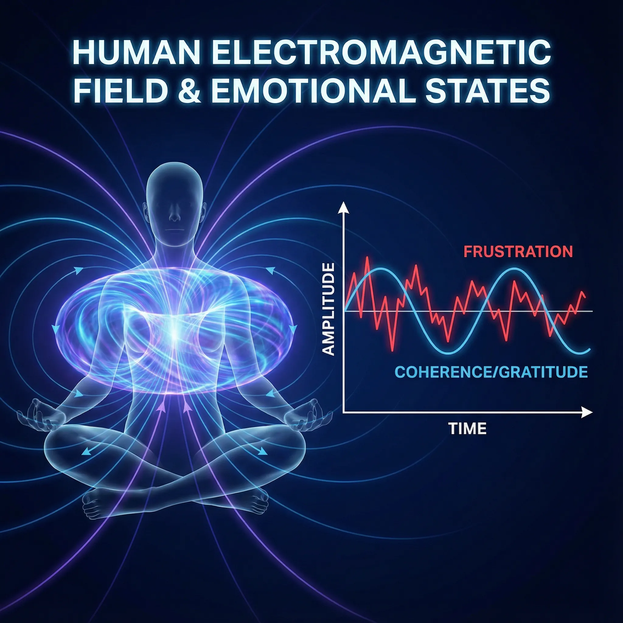 Scientific diagram showing how energetic intention setting relies on heart coherence to create a smooth, regulated biofield signal.