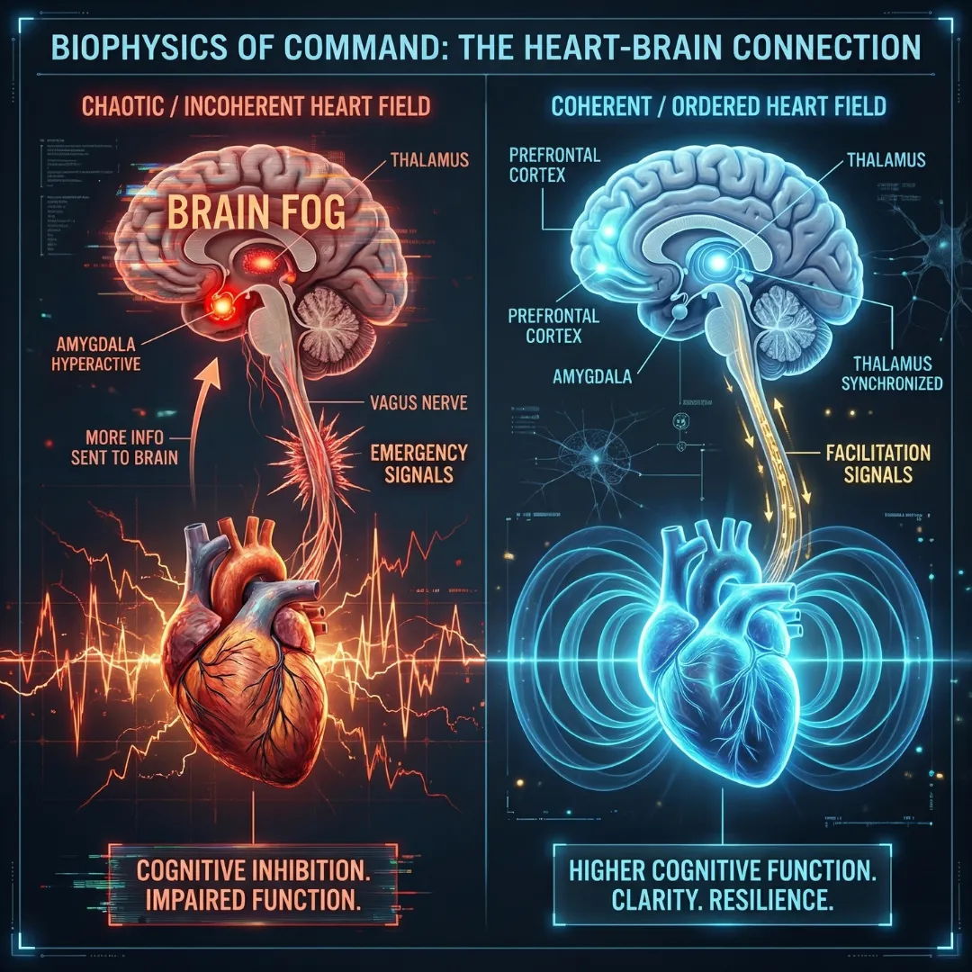 A detailed infographic comparing a chaotic, incoherent heart field (stress) with a coherent, ordered heart field (calm). Shows the direct impact on the vagus nerve and cognitive resilience.