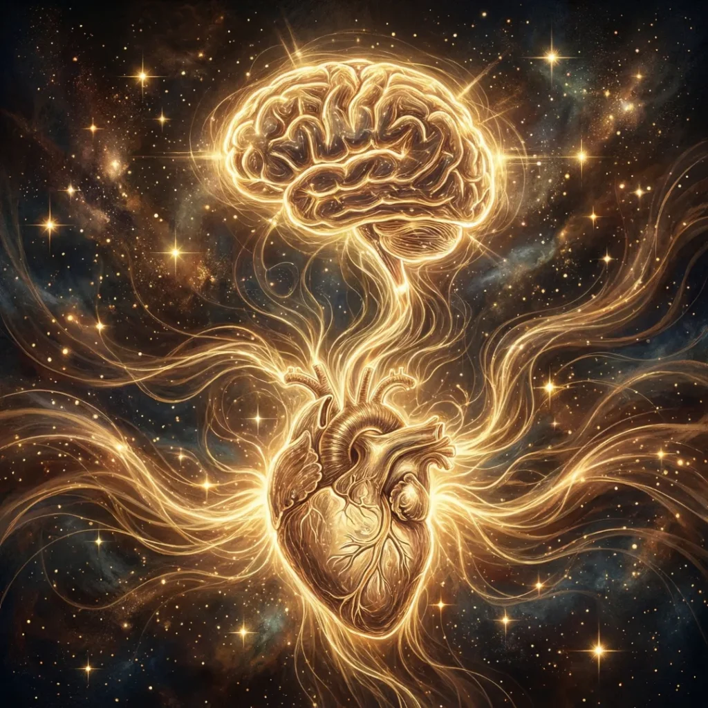 A conceptual visualization in space showing a golden anatomical heart and brain connected by glowing filaments of energy, representing biofield science and the heart-brain connection.