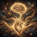 A conceptual visualization in space showing a golden anatomical heart and brain connected by glowing filaments of energy, representing biofield science and the heart-brain connection.