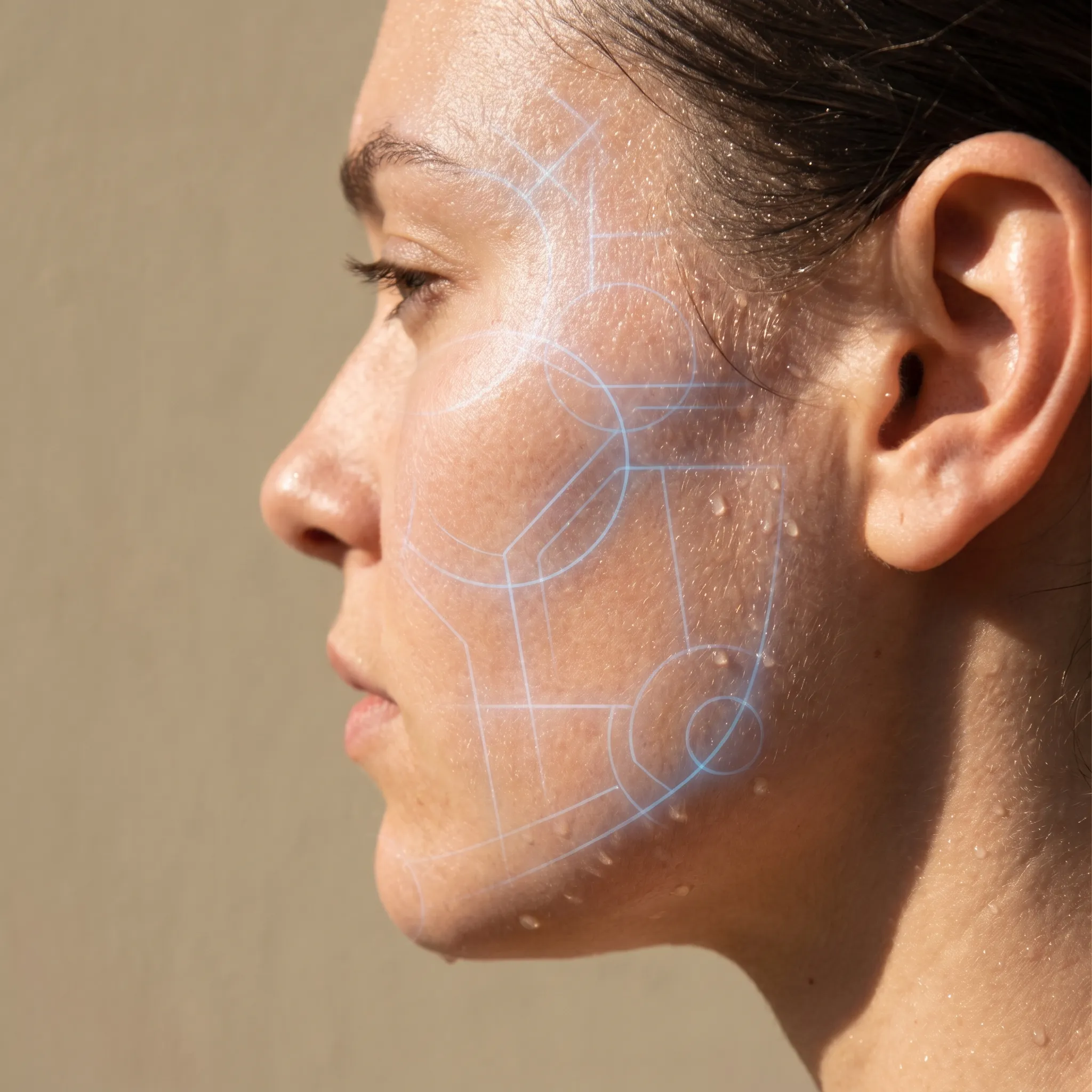 Profile view of a sweating woman's face with a blue holographic geometric overlay, depicting physiological heat stress and autonomic nervous system regulation during summer.