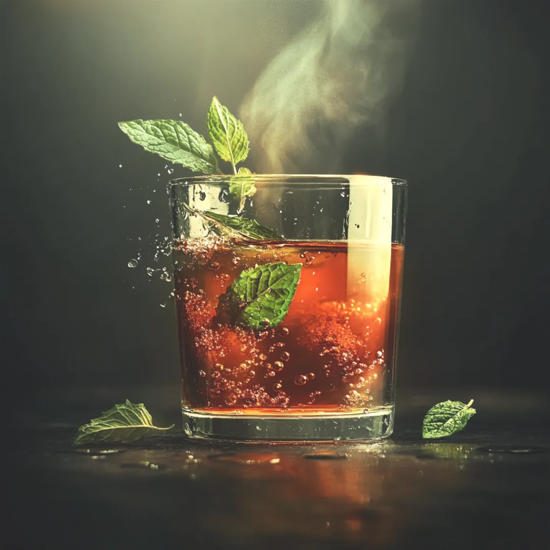 A steaming glass of herbal tea with mint leaves, known for its natural antihistamine and allergy-relief properties.