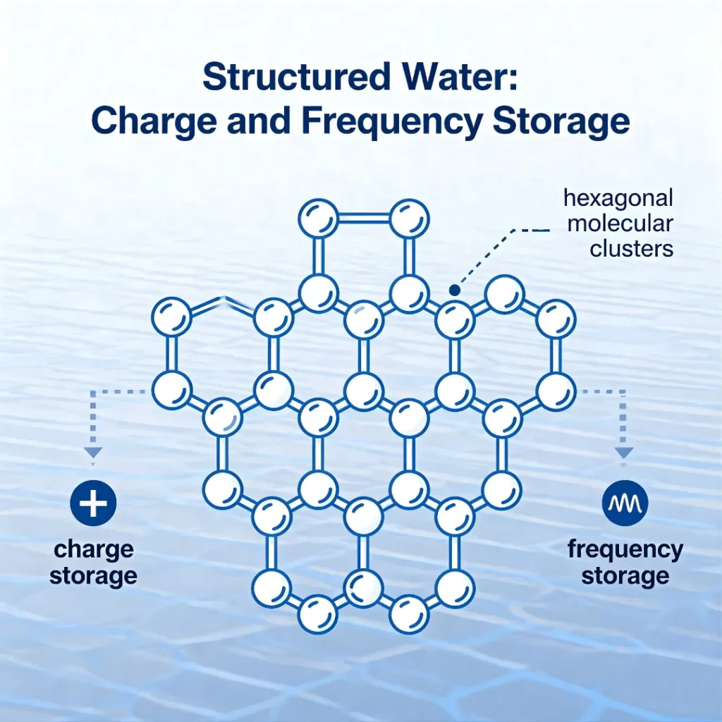 Educational diagram showing a hexagonal cluster of water molecules labeled "Structured Water," highlighting its ability for charge and frequency storage.