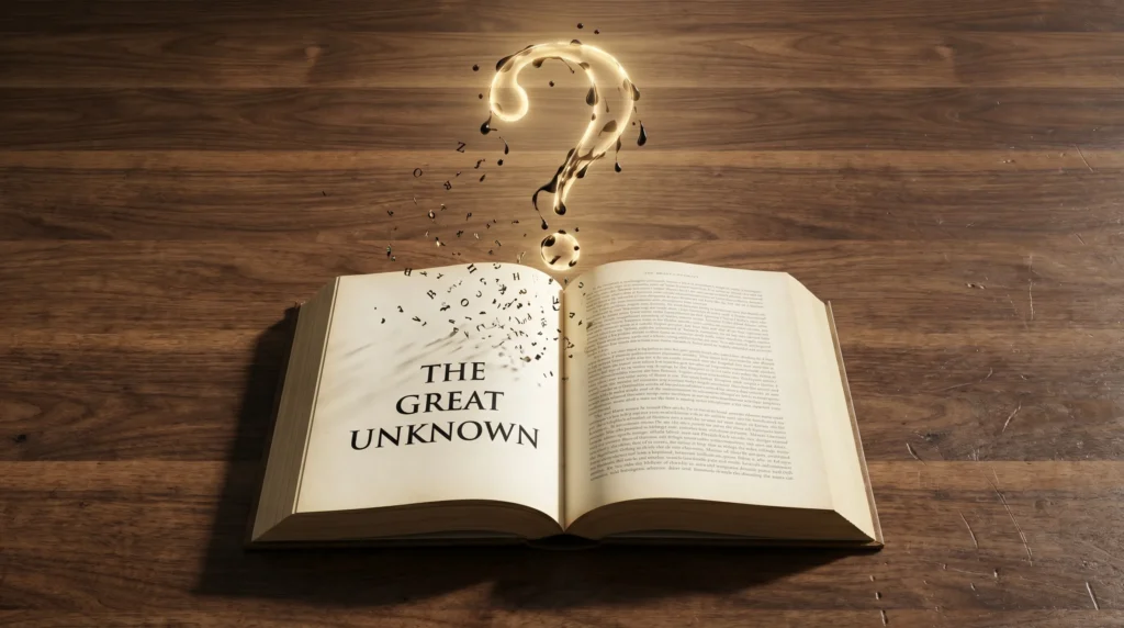 An open book on a wooden table with letters floating up to form a glowing question mark, illustrating how to retain more of every book you read.