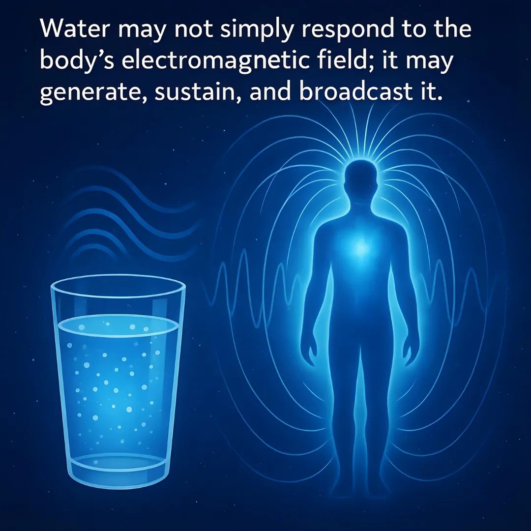 An illustration showing a glass of water next to a silhouette of a human body emitting a blue electromagnetic biofield, captioned with text about water generating and broadcasting energy.