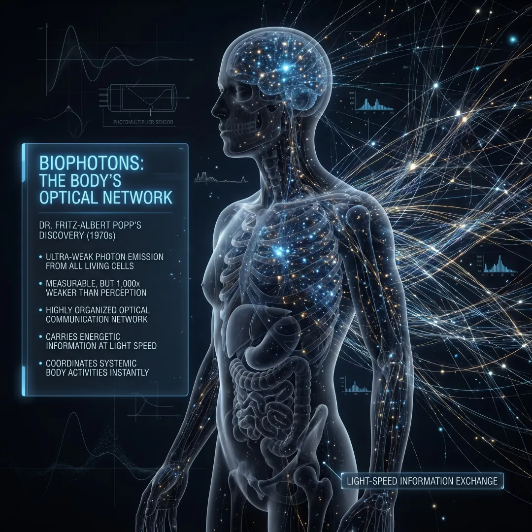 A 3D visualization of the human body's optical network showing biophoton emission and light-speed information exchange as discovered by Dr. Fritz-Albert Popp.