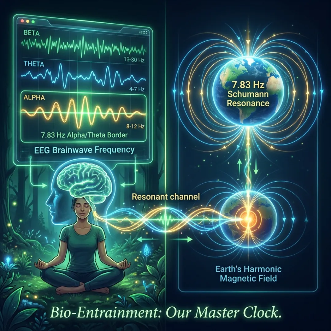 Conceptual diagram showing a meditating woman’s EEG brainwave frequency (specifically highlighting the 7.83 Hz Alpha/Theta Border) synchronizing via a resonant channel to the **Schumann Resonance** of the Earth’s Harmonic Magnetic Field.