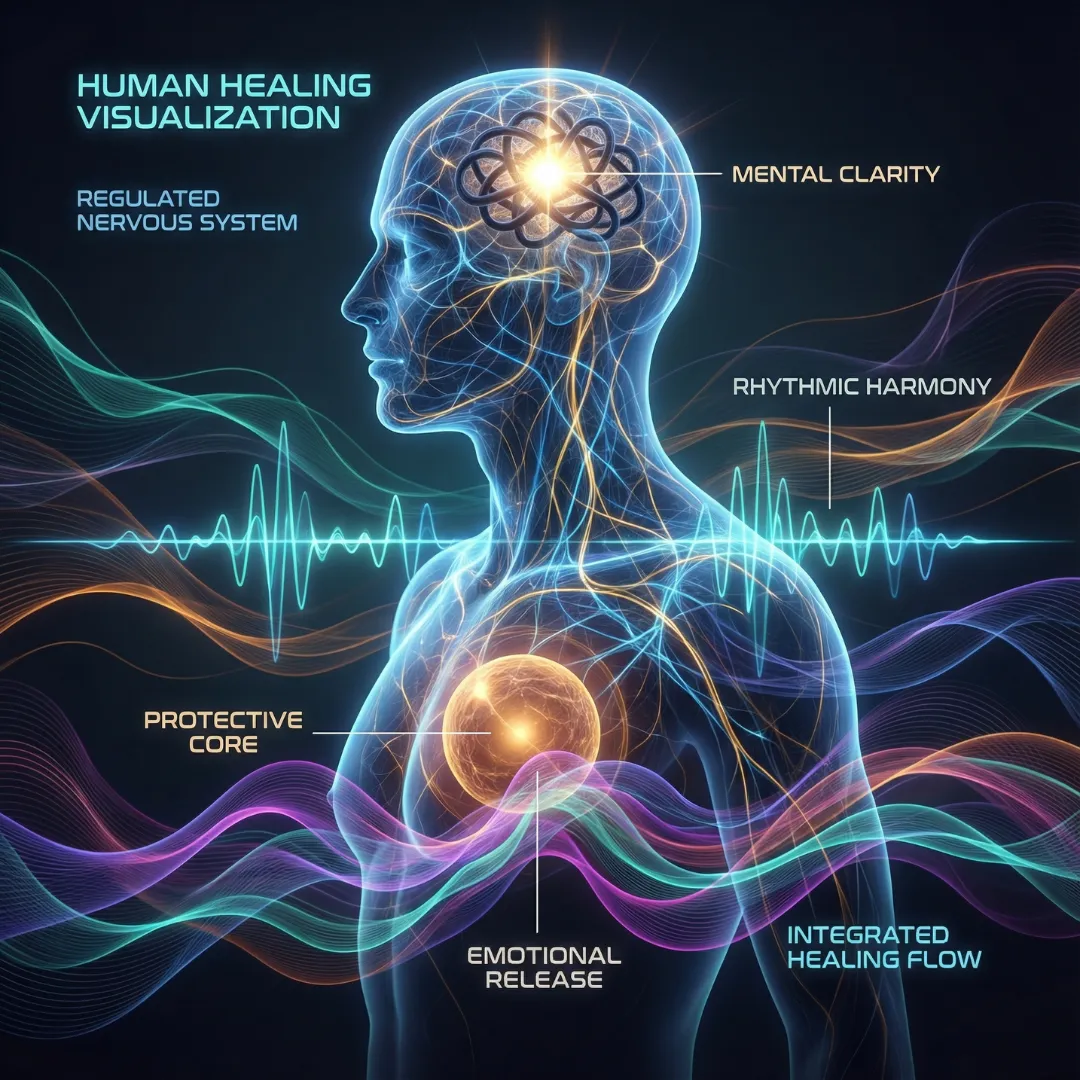 A glowing, artistic visualization of a human body with a coherent energy field, highlighting a regulated nervous system, mental clarity, and rhythmic harmony.