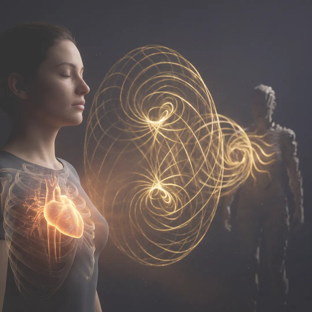 3D illustration of the human bio-magnetic field, showing the toroidal energy pattern radiating from the heart center.