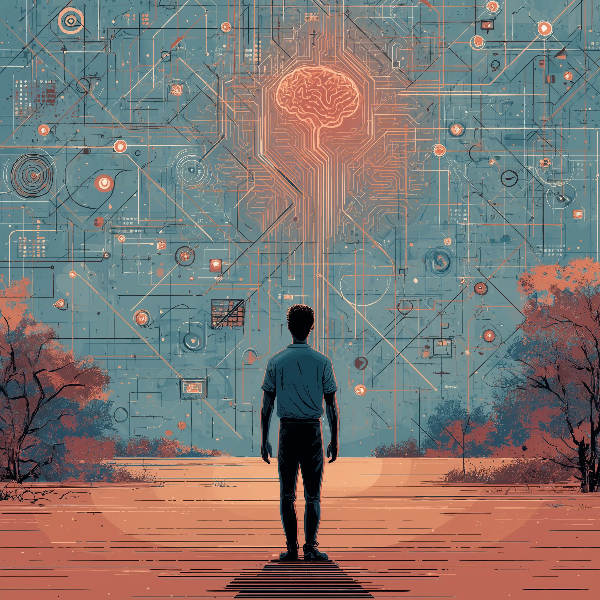 Human standing before a digital landscape, symbolizing the interface between human cognition and algorithmic influence.