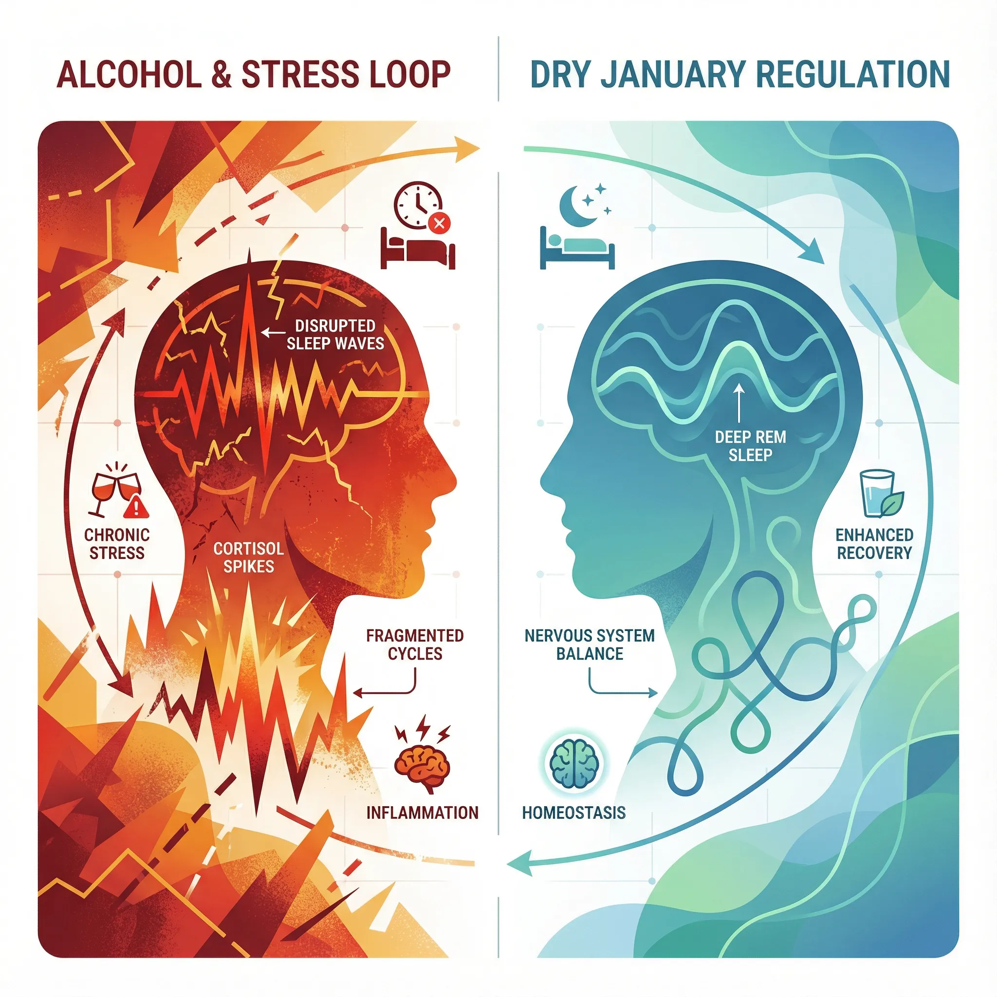 Infographic comparing the "Alcohol & Stress Loop" (red, chaotic brain waves, high cortisol) on the left with "Dry January Regulation" (blue, calm brain waves, deep REM sleep, nervous system balance) on the right.