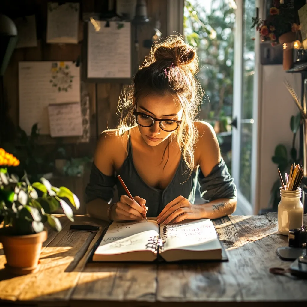 A woman writing in a journal in a peaceful environment, practicing mindfulness and stress management.