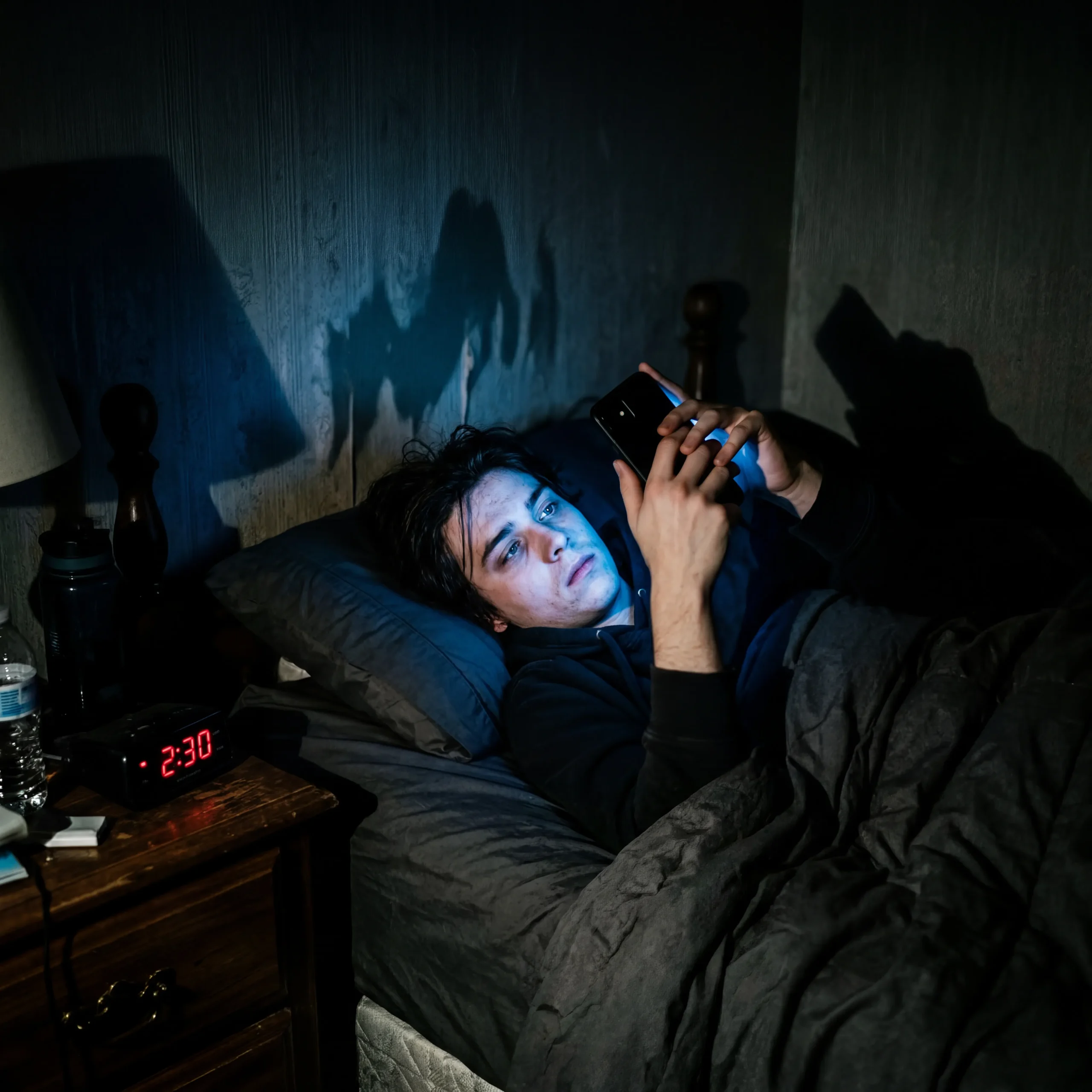 A person looking at a smartphone screen late at night, illustrating how blue light exposure causes circadian rhythm disruption.