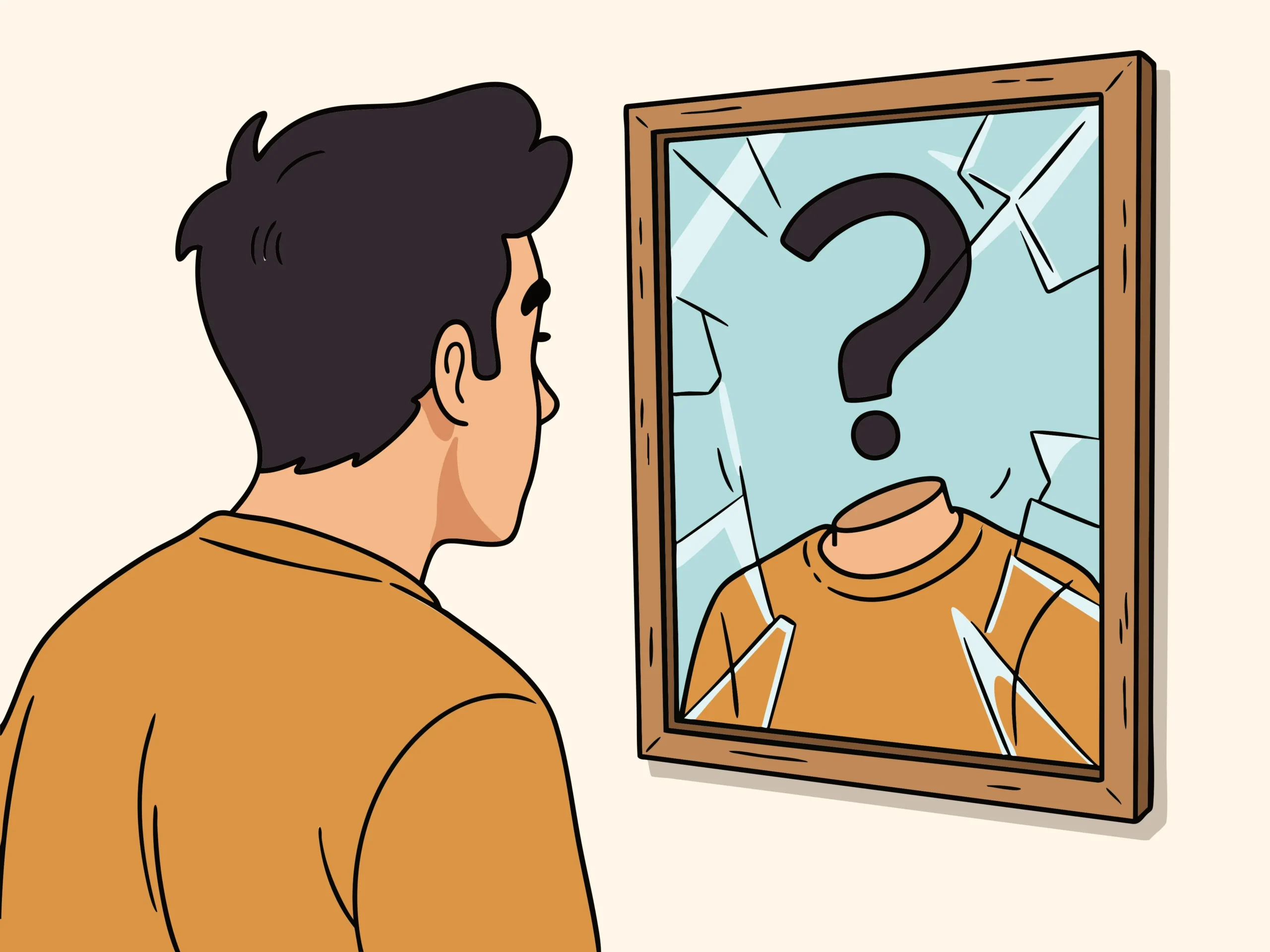 Illustration of a man looking into a cracked mirror showing a reflection with a question mark for a face