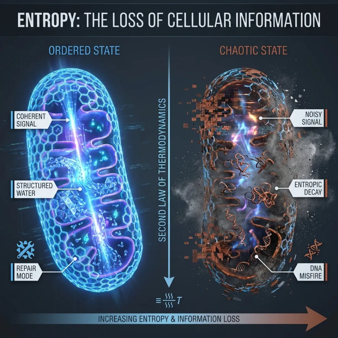 An infographic demonstrating how a cell moves from an ordered, coherent state to a chaotic state characterized by noisy signals and entropic decay due to the second law of thermodynamics.