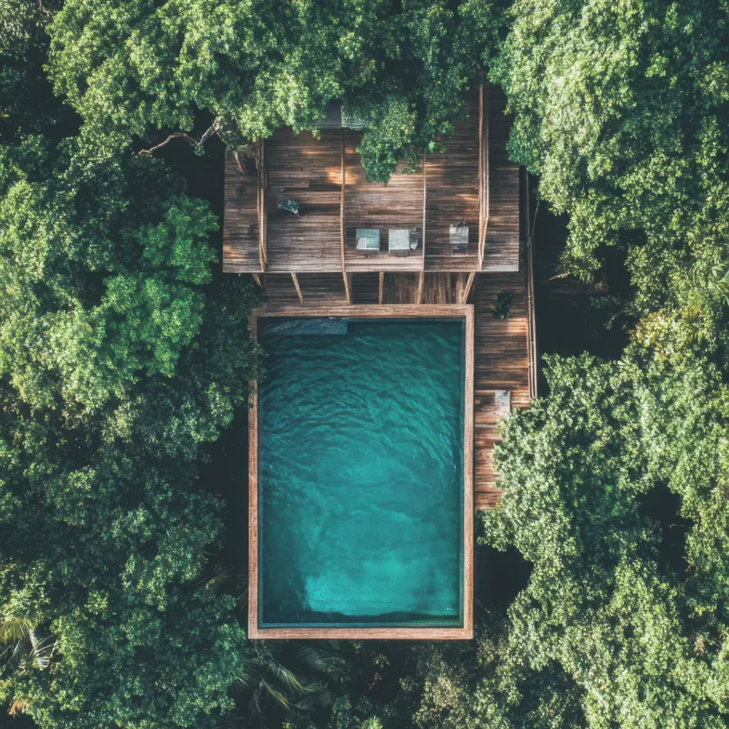 Aerial view of a luxury wellness retreat villa featuring a private pool surrounded by dense green forest, representing a sanctuary for longevity and biohacking.