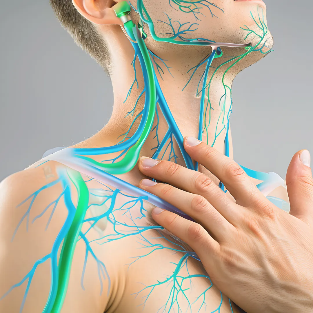 An illustration of the human neck and shoulders showing the dense network of lymphatic vessels in green and blue, and a hand touching the clavicle to indicate lymphatic drainage points.