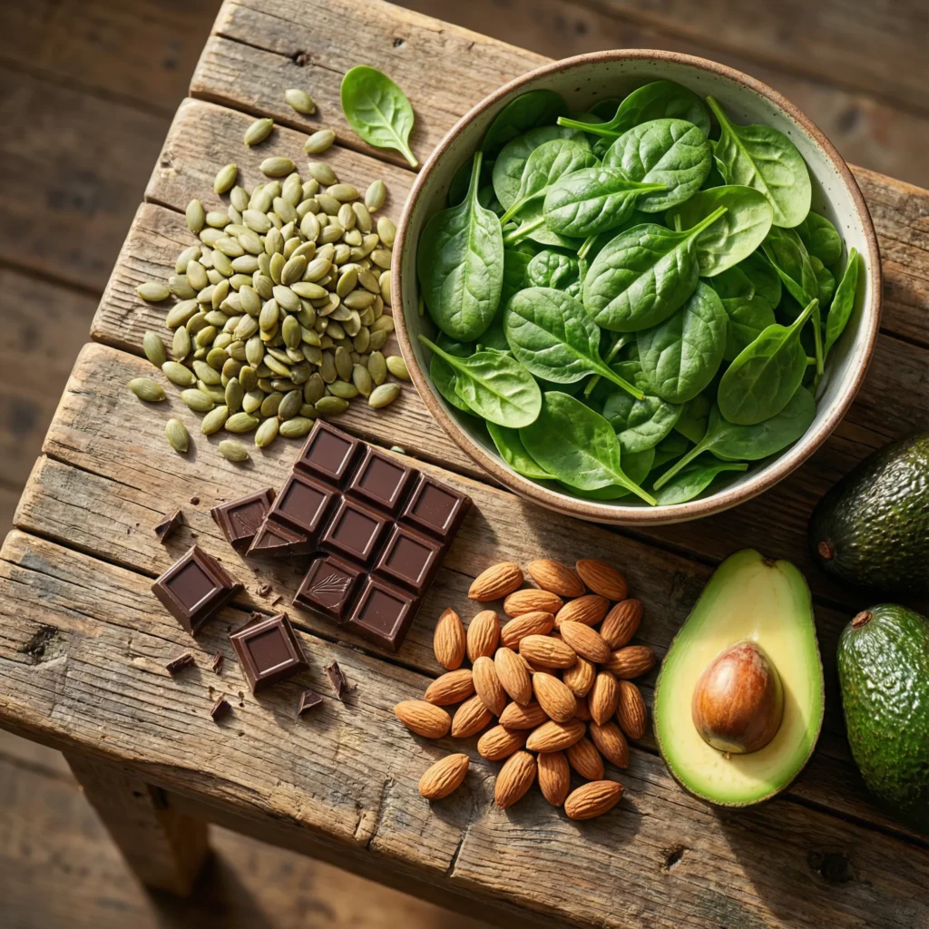 Selection of magnesium-rich foods like spinach and pumpkin seeds to support magnesium benefits naturally.