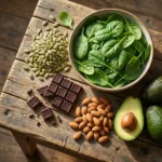 Selection of magnesium-rich foods like spinach and pumpkin seeds to support magnesium benefits naturally.