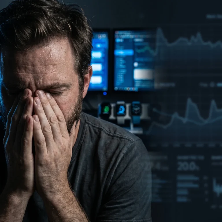 Man feeling burnt out and stressed in front of digital data, representing the hidden cost of overworking.