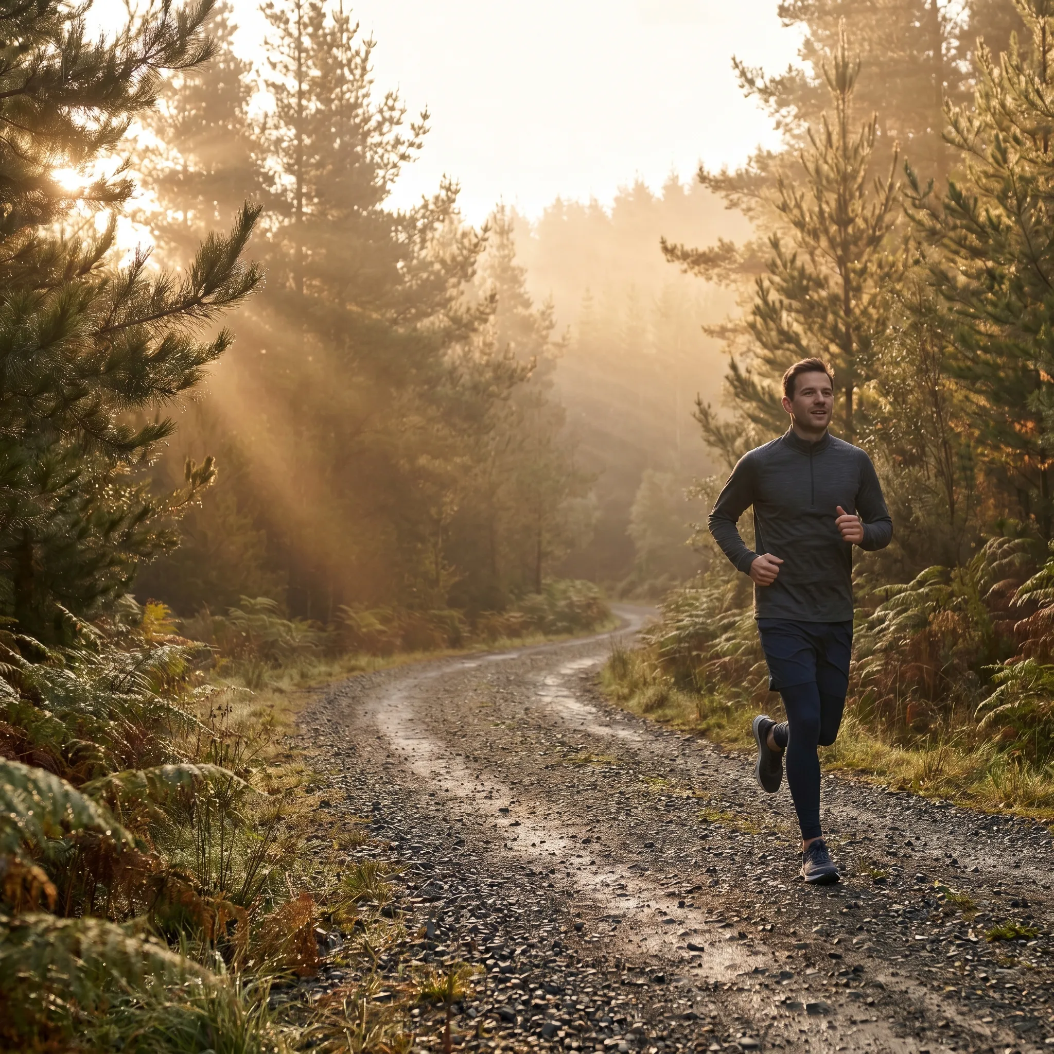 Man running on a forest trail, illustrating sustainable Zone 2 cardio for men's wellness.