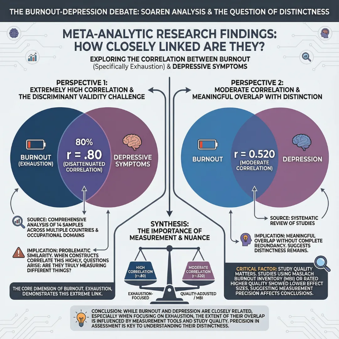 Infographic showing meta-analytic findings on the link between burnout and depression, comparing a high correlation (r=.80) in exhaustion studies vs. a moderate correlation (r=.52) in broader reviews.