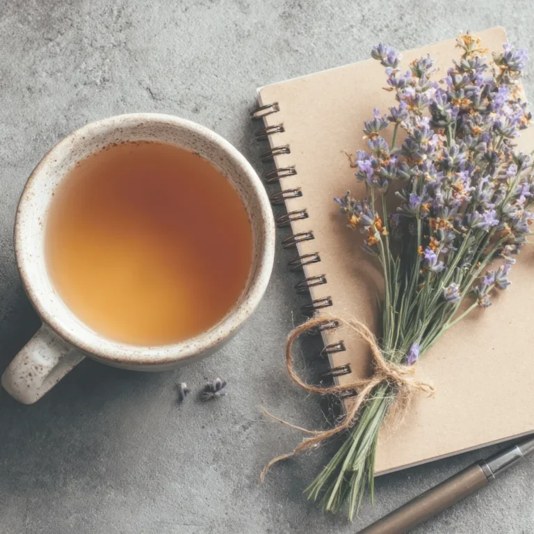 An overhead view of a cup of herbal tea, a journal, and a bouquet of fresh lavender, symbolizing a daily micro-wellness ritual for self-care.