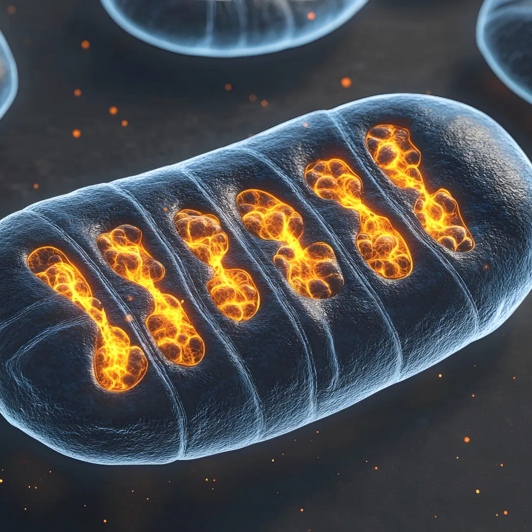 A 3D scientific rendering of a glowing mitochondrion, representing cellular energy production and the restoration of ATP levels through microcurrent therapy.