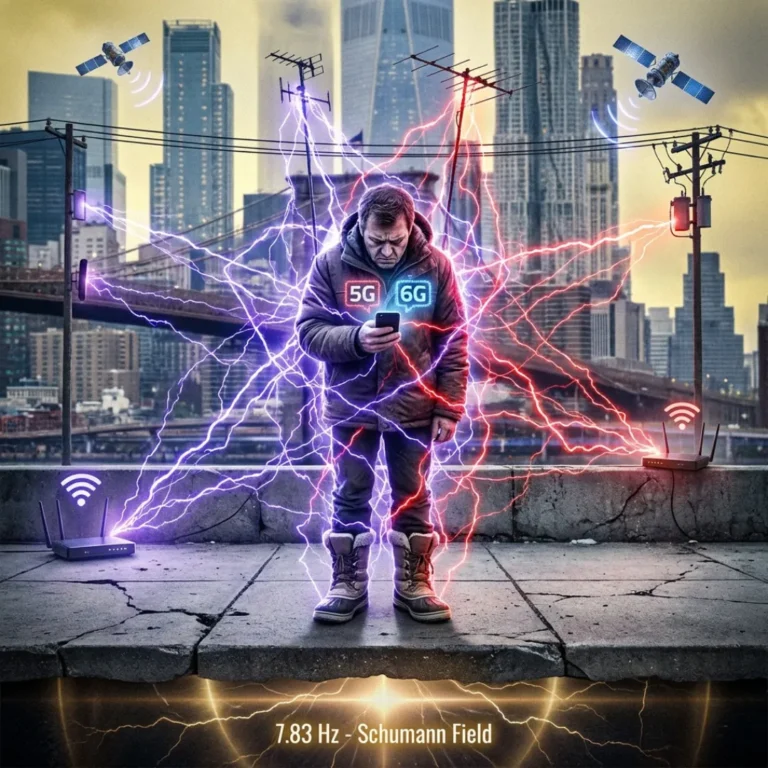 A man in a city is overwhelmed by chaotic electrosmog from satellites, routers, and 5G signals (harsh red/blue lines), visually separating him from the subtle golden 7.83 Hz **Schumann Field** glowing below the pavement.