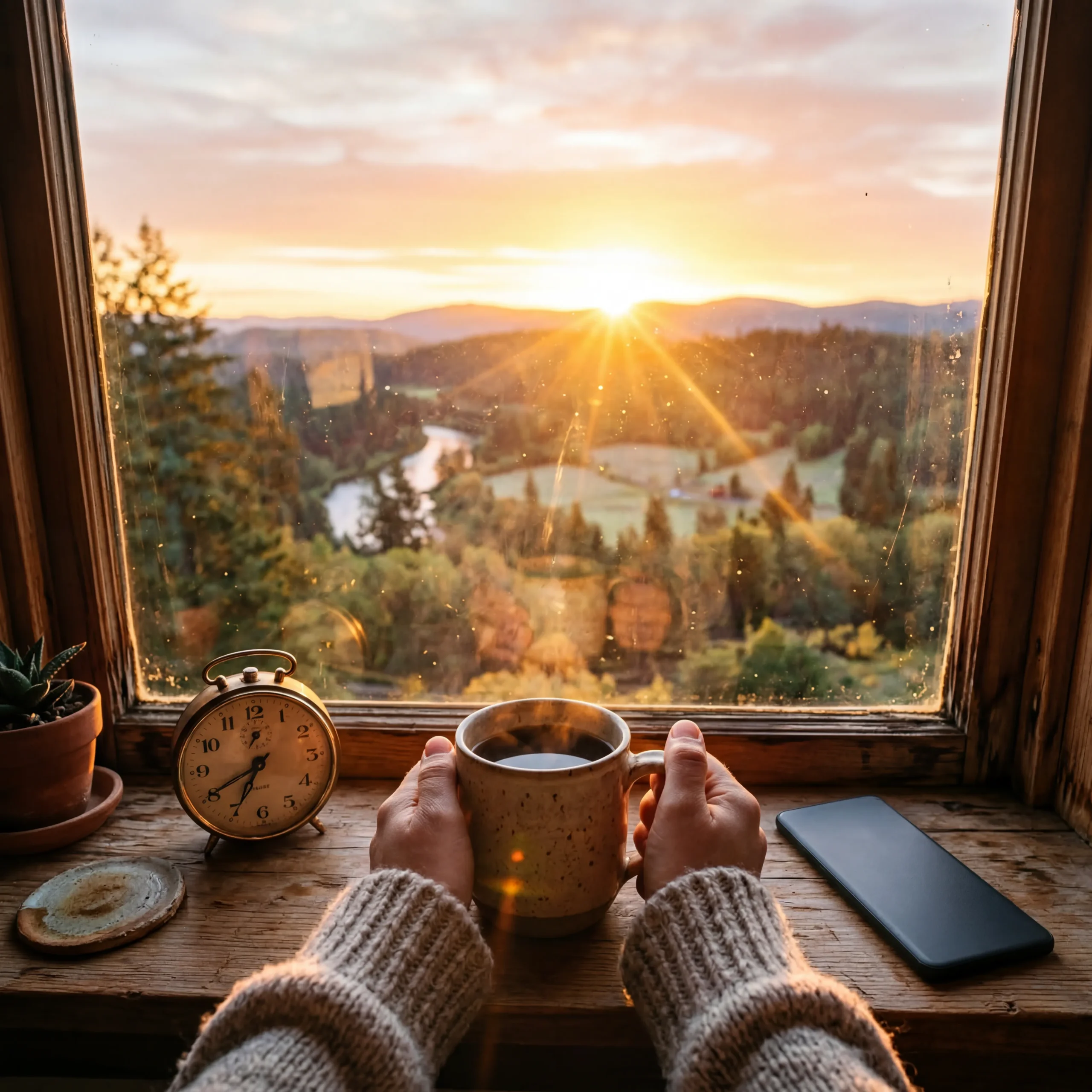A person prioritizing morning light exposure before using screens to support circadian alignment and regulate the biological clock.