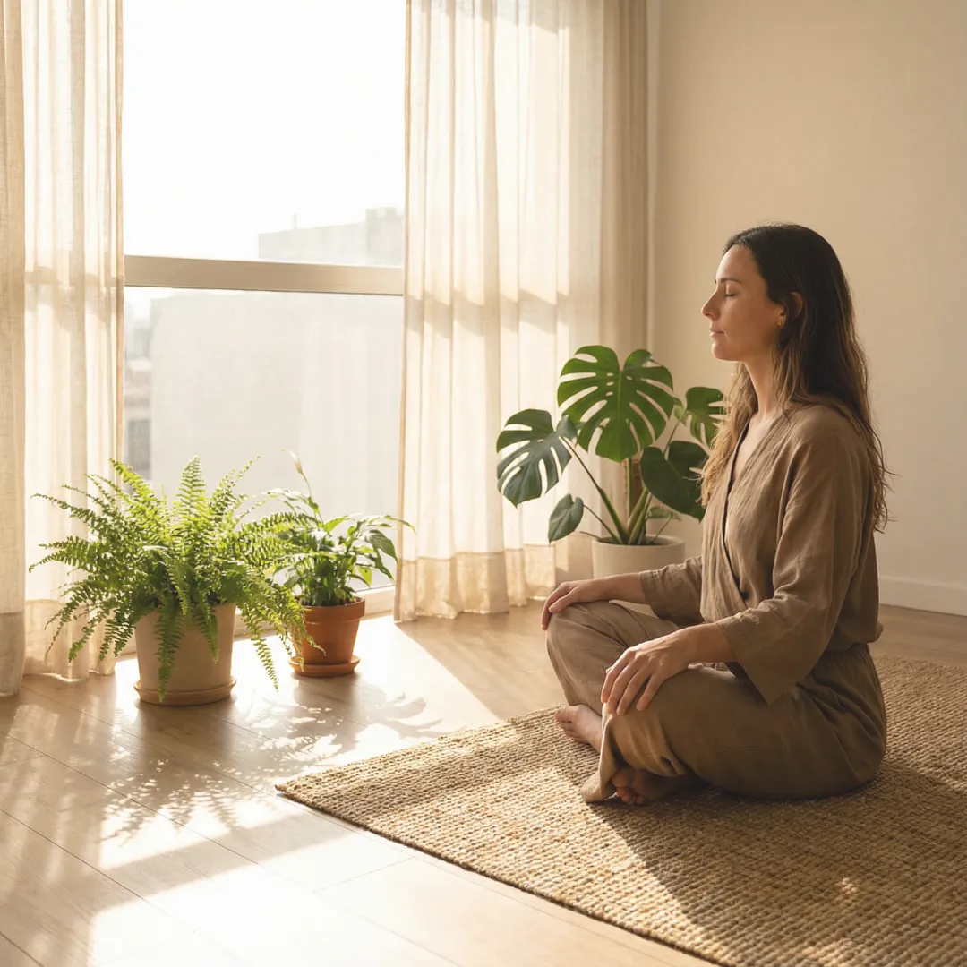 Woman practicing meditation near a sunny window to reduce anxiety and build emotional resilience.