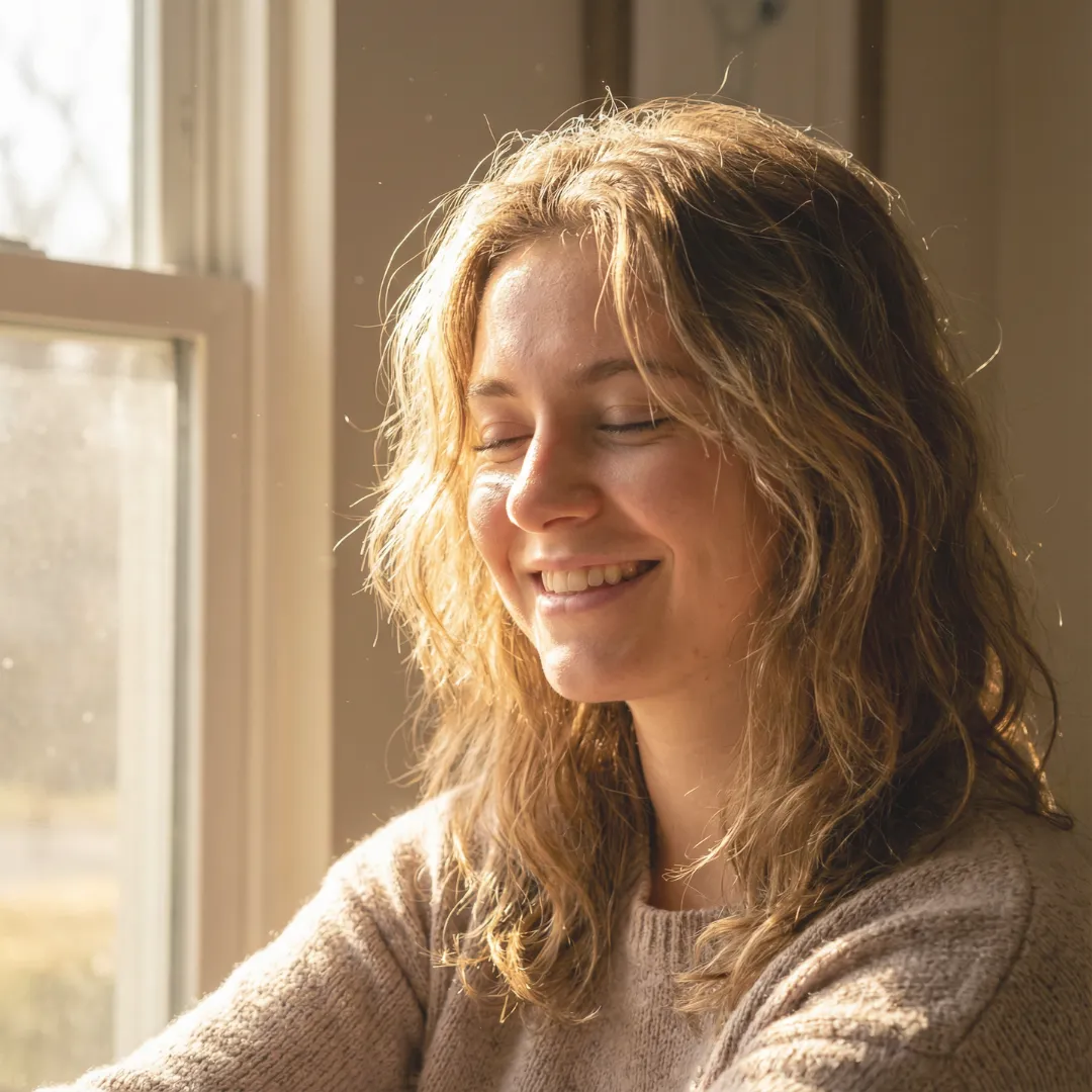Woman smiling in warm morning sunlight, illustrating the benefits of light exposure for circadian rhythm and mood regulation.