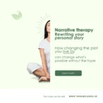 The title of the article 'Narrative therapy: Rewriting your personal story' next to an illustration of a meditating person.
