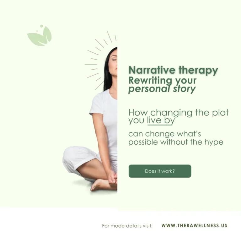 The title of the article 'Narrative therapy: Rewriting your personal story' next to an illustration of a meditating person.