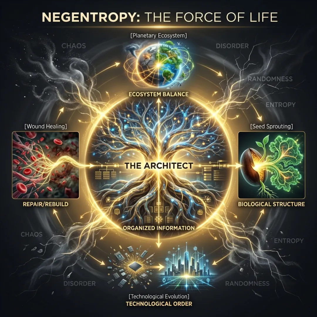 An illustration depicting negentropy as an organizing architect, showing how biological structure, wound healing, and ecosystem balance emerge from randomness and chaos.