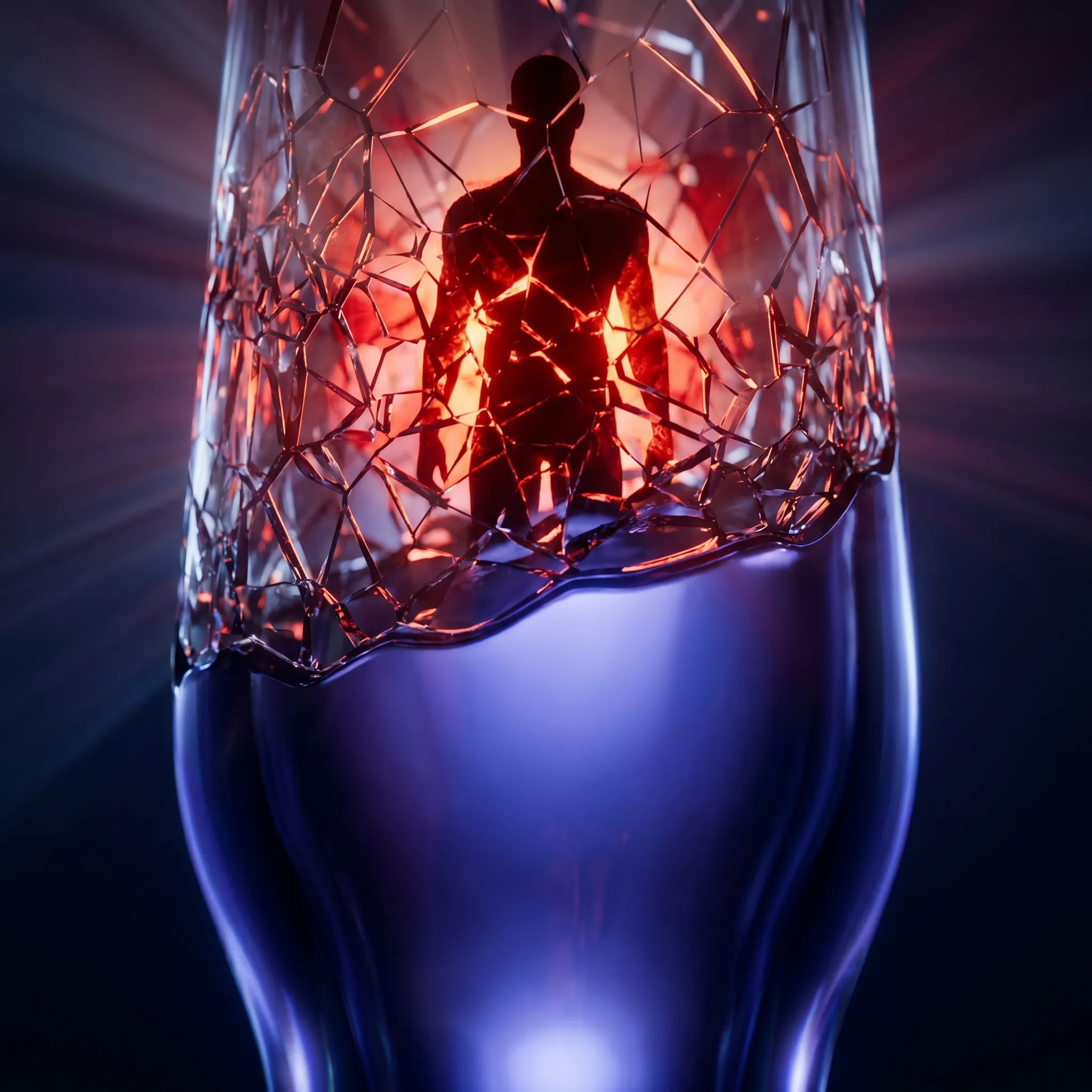 Abstract visual representation of a human silhouette trapped in broken glass under stress, illustrating a nervous system locked in sympathetic dominance.