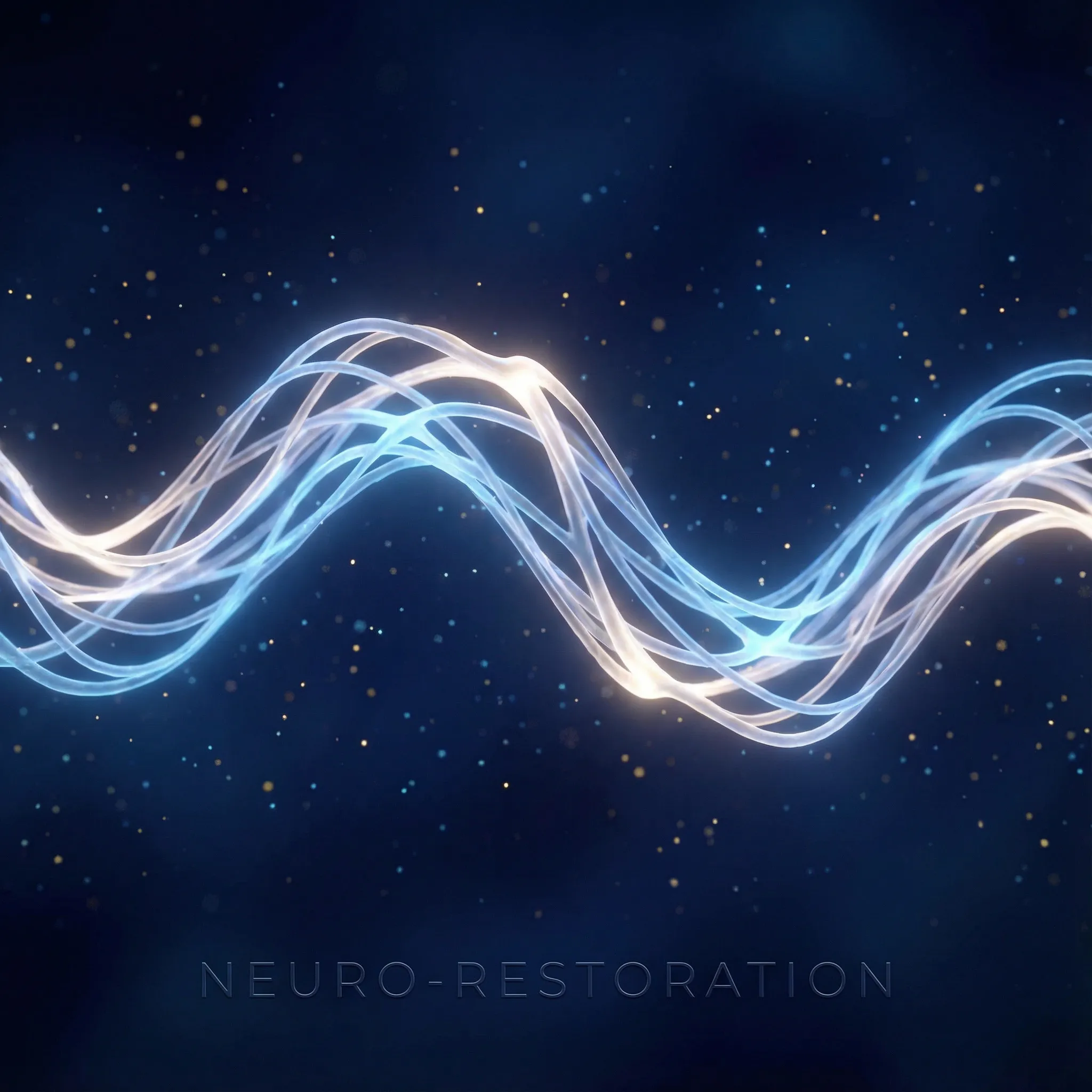 Abstract flowing blue and white light waves against a dark starry background with the text "NEURO-RESTORATION" at the bottom, symbolizing brain wave harmony and recovery.