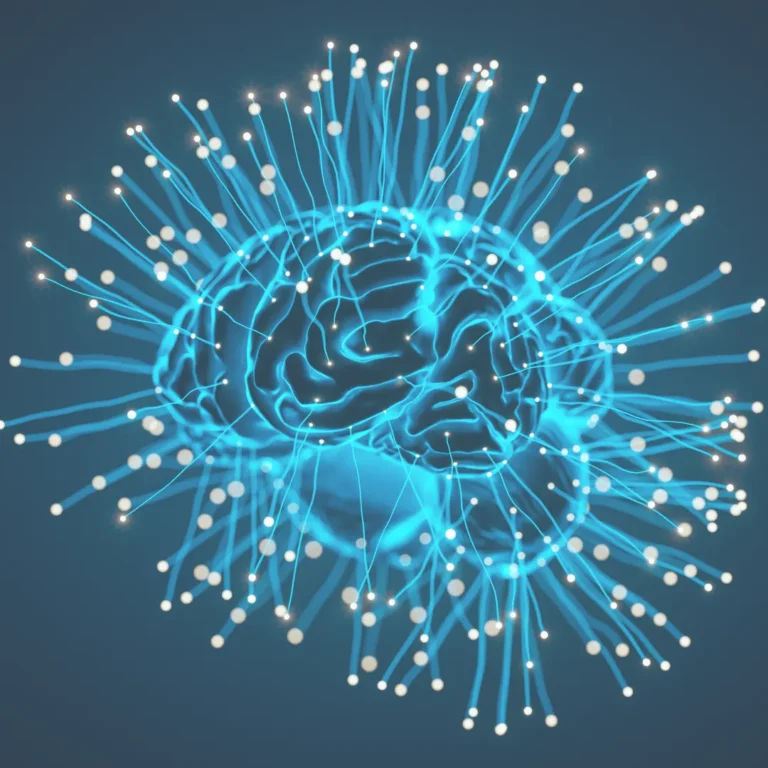 Visual representation of brain neuroplasticity with blue neural pathways