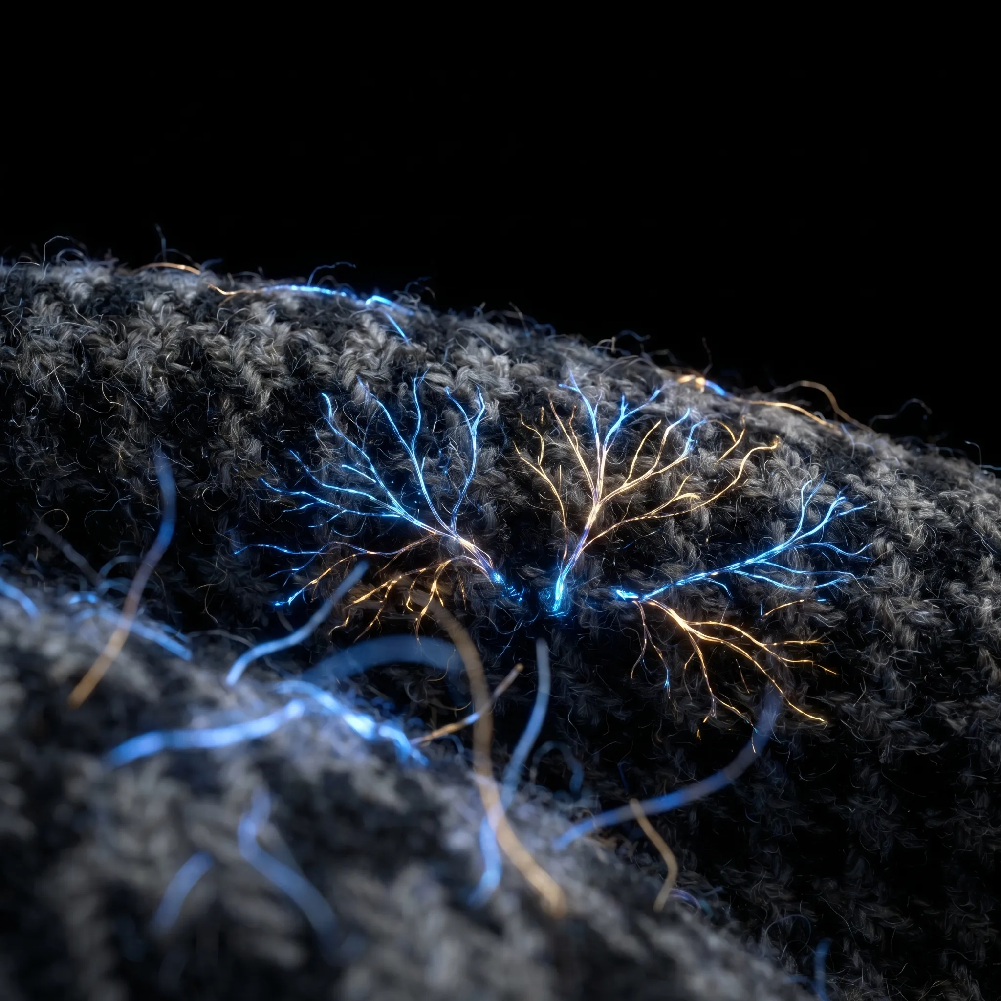 A macro close-up of clothing fabric interwoven with glowing neural pathways, representing the neuropsychology of appearance.