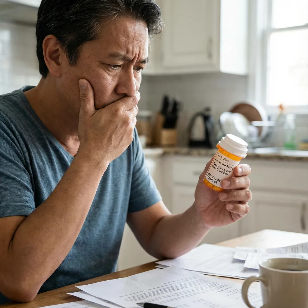 A middle-aged man sitting at a table looking anxiously at a prescription pill bottle, illustrating the nocebo effect where negative expectations trigger side effects.