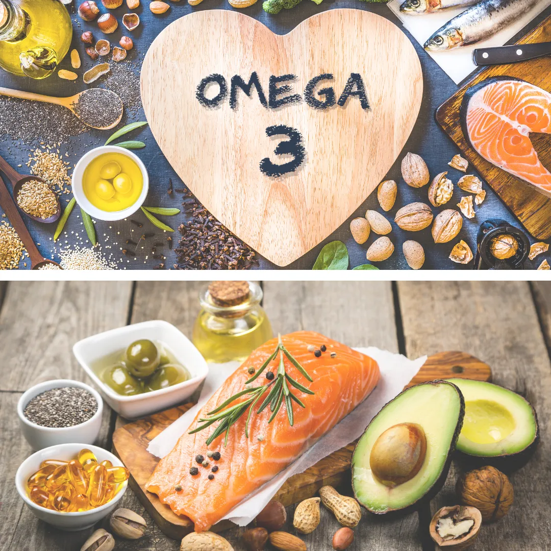Assortment of omega-3-rich foods like salmon, avocado, walnuts, chia, and flax with a heart-shaped Omega 3 sign.